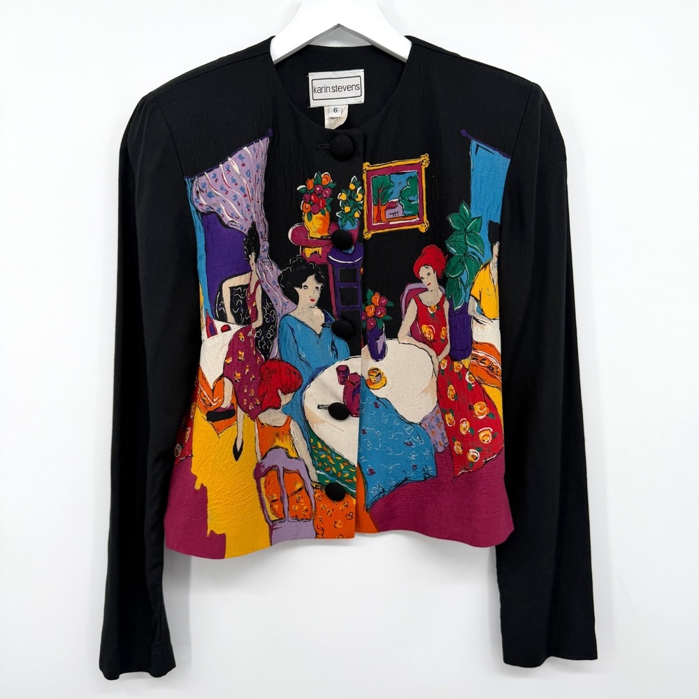 Vintage Novelty Print Crop Jacket Top Size 6 Crinkle Wearable Art Funky S USA